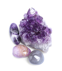 Many different healing stones isolated on white, top view