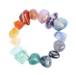Many different healing stones isolated on white, top view