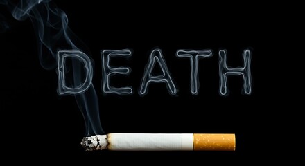 Burning cigarette releasing smoke forming the word DEATH on a black background