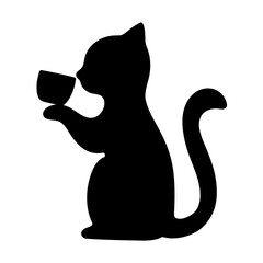 Black cat silhouette drinking from a small cup