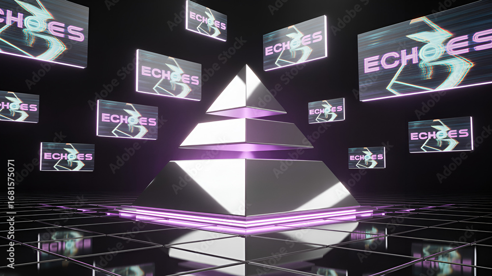 Poster a pyramid with screens displaying the word echoes in a futuristic setting