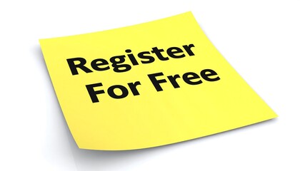 Yellow sticky note with "Register For Free" text