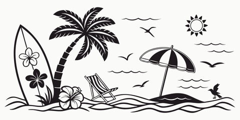 Vector illustration of a tropical beach with palm trees and sun