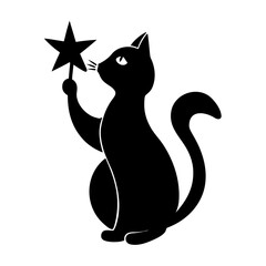 Black cat holding a star on a stick silhouette
