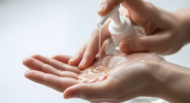 A close-up of hands dispensing clear sanitizing gel from a pump bottle, emphasizing the vital importance of personal hygiene, cleanliness, and germ protection in everyday life