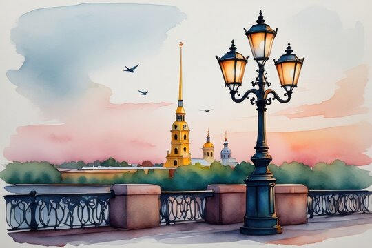 A Serene Evening Scene Featuring a Classic Lantern, Towering Spires, and a Tranquil Sky Overlooking a Historic Cityscape