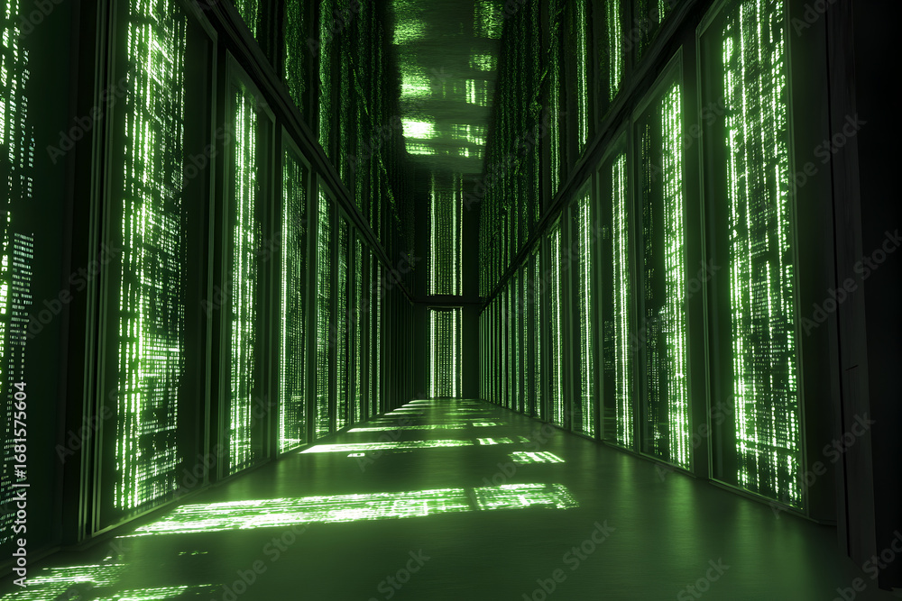 Aufkleber dark tunnel with green glowing data stream visualization. server room filled with virtual informatio