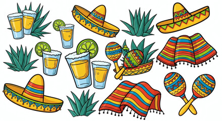 Set of hand drawn vibrant illustrations of a fiesta. Doodle drawings of shot glasses with lime and salt, agave plants, sombreros, colorful serapes, and maracas