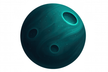 Green planet rotating in the vastness of space, featuring craters and a transparent background, perfect for science fiction projects