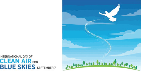 A white dove flying in a blue sky with clouds and trees for clean air international day graphic art