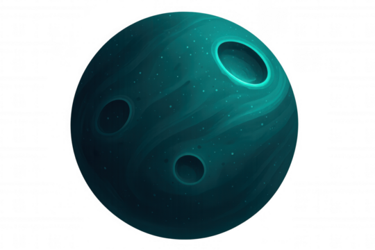 Green planet rotating in the vastness of space, featuring craters and a transparent background, perfect for science fiction projects - Powered by Adobe