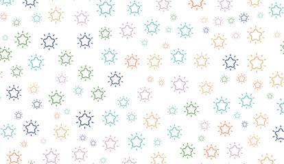 Delicate pastel stars scattered across a white background create a cheerful and whimsical design, featuring soft shades of pink, blue, green, and orange outlined in darker hues