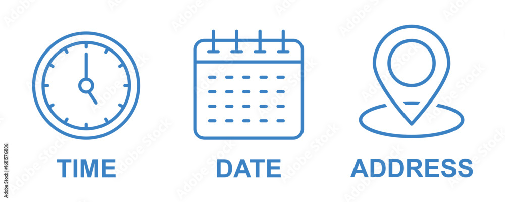 Poster address time date icons set. information for invitation event, with analog wall clock, calendar bind