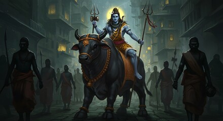 Deity on Black Bull with Attendants in Dark City Scene