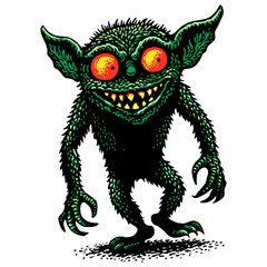 Cartoon illustration of a green goblin with large eyes and sharp claws