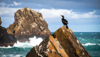 Cormorant Bird Perched on Rocky Outcrop Overlooking Crashing Waves.