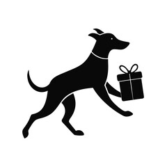 Happy dog carrying a gift box silhouette