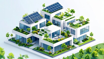 Isometric vector illustration of a sustainable green city with rooftop gardens, solar panel roofs and eco-friendly urban planning. Modern infographic flat design.
