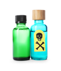 Bottles of poisons with warning sign isolated on white