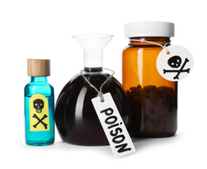 Bottles of poisons with warning signs isolated on white