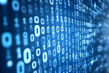 Binary code with ones and zeros on a blue background. Data stream and information technology concept. Digital code.