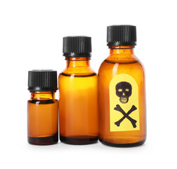 Bottles of poisons with warning sign isolated on white