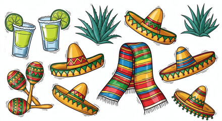 Set of hand drawn vibrant illustrations of a fiesta. Doodle drawings of shot glasses with lime and salt, agave plants, sombreros, colorful serapes, and maracas