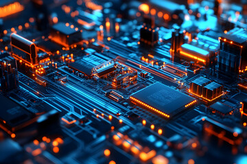 Close up of a circuit board with glowing orange and blue lights. Abstract technology background for digital innovation concept.