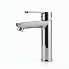 Sleek chrome faucet with minimalist design, modern plumbing fixture on white background