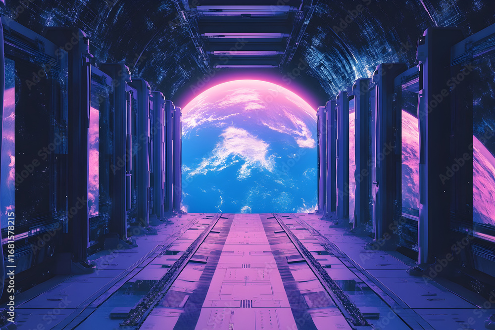 Poster futuristic spaceship corridor with view of large glowing planet. sci-fi space station interior. jour
