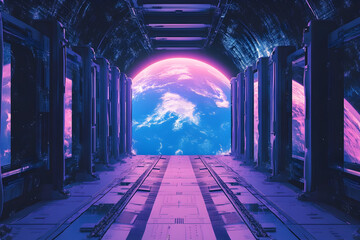 Futuristic spaceship corridor with view of large glowing planet. Sci-fi space station interior. Journey through cosmos. Digital background.