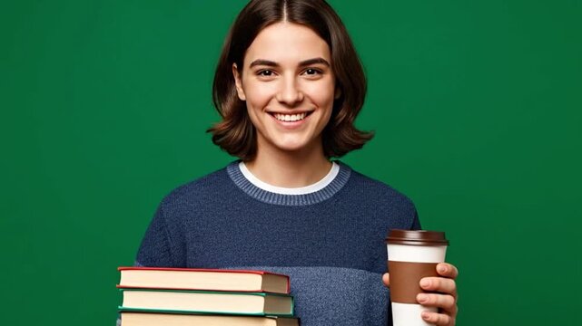 Smiling woman holding books and coffee, perfect for student-related themes.