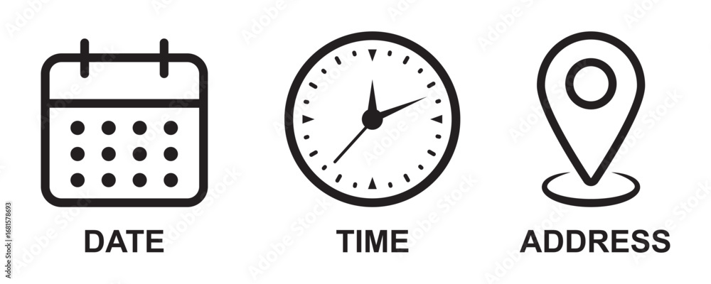 Poster address time date icons set. information for invitation event, with analog wall clock, calendar bind