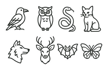 Silhouette icons of animals featuring owl, wolf, deer, bat, cat, butterfly, snake, crow