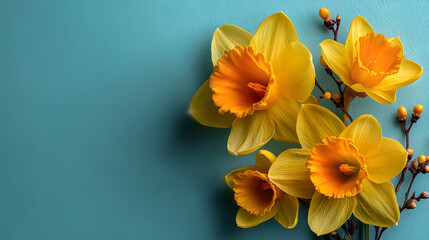 Naklejka premium Fresh, spring, clean flat lay composition, diagonal ine of vibrant yellow daffdils on soft pastel mint bue background, freshness ad renewal of spring. Paste springtime banner with coy space