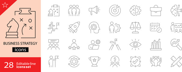 Business Strategy line icons set. Includes icons for planning, vision, goals, market, analysis, decision, growth, leadership, and innovation. Editable stroke. Outline icons. Perfect for infographics. 