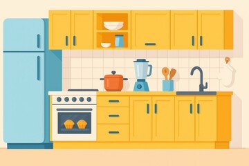 Cheerful cartoon kitchen interior with yellow cabinets and blue refrigerator illustration