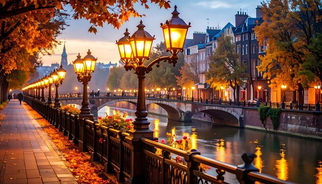 Autumnal evening scene along a picturesque canal lined with historic buildings, illuminated by warm street lamps.