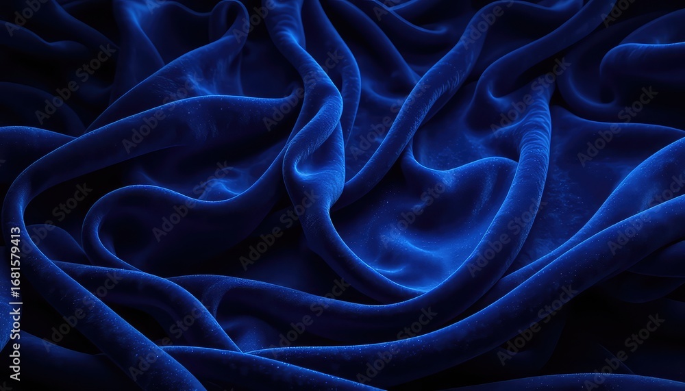 Poster royal blue velvet fabric with dramatic folds and soft texture creating a luxurious and inviting abst