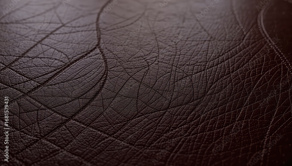 Poster detailed view of dark brown stitched leather surface, showing its intricate texture and elegant embo