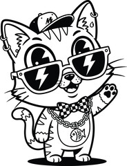 Cat: A cute and stylized cartoon cat wearing a chain, sunglasses, and a cap, in a playful and fashionable style.