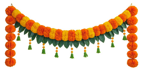 Vibrant indian marigold toran garland for festive decorations and celebrations transparent background