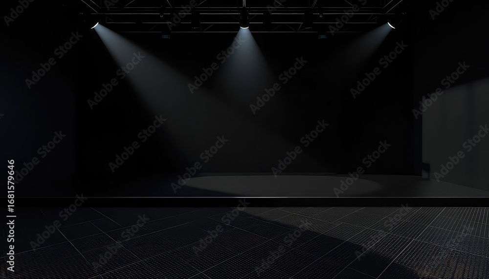 Poster illuminated stage with a dark backdrop and tiled floor, ready for a performance or presentation with
