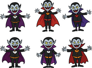 Cartoon Vampire Characters with Capes and Expressive Faces in Whimsical Halloween-Themed Poses on White Background for Kids Content