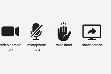 Online meeting platform icons illustrating video camera on, microphone mute, raise hand, share