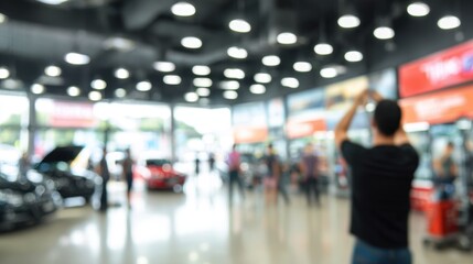 Retail store HVAC installation scene showing a technician mounting air conditioning units on the ceiling with shoppers and store interior blurred in the background.
