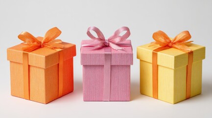Obraz premium Three small, square gift boxes in pastel colors?orange, pink, and yellow?arranged in a row against a plain white background. Each box is adorned with a matching ribbon bow