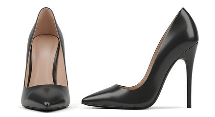 Elegant pair of classic black stiletto high heels with a sharp pointed toe, shown from front and side view isolated on a white background