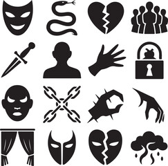 Dramatic and symbolic silhouette icons with masks and abstract elements theater snake