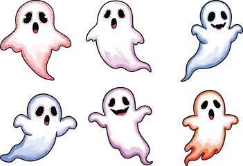 Colorful Cartoon Ghost Characters with Expressive Faces and Whimsical Halloween-Themed Poses on White Background for Kids Content